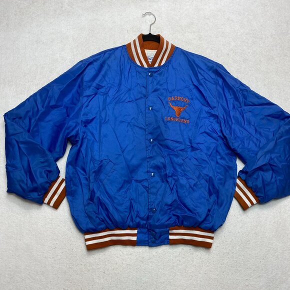 Vintage Harmony Longhorns Jacket Mens L Blue Shiny Embroidered Made In USA - Picture 1 of 13